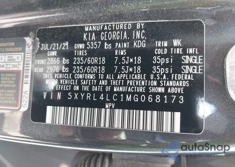 2021 Kia Sorento S из США, поврежденный, VIN 5XYRL4LC1MG068173